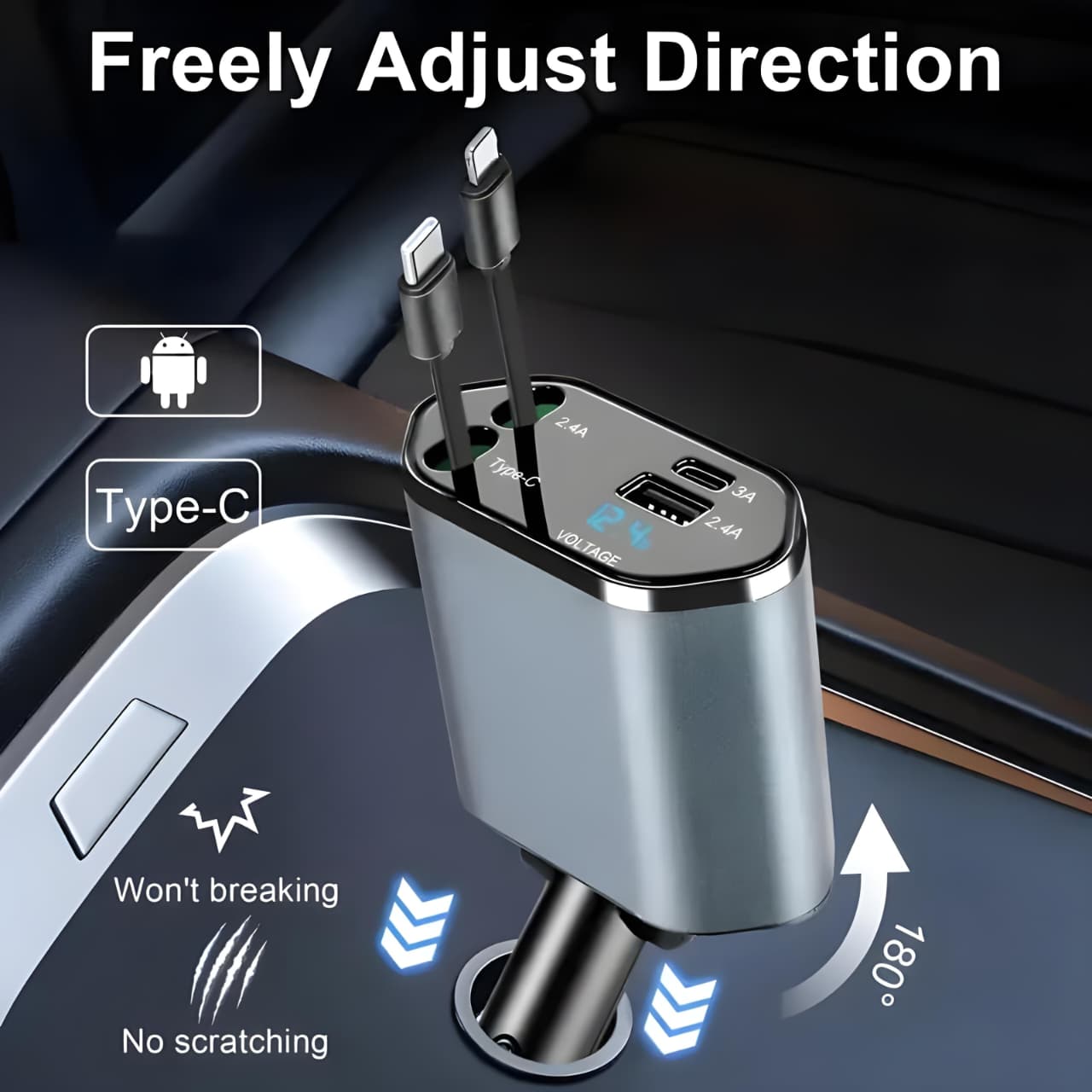 Retractable Car Charger & Vacuum Phone Holder Combo